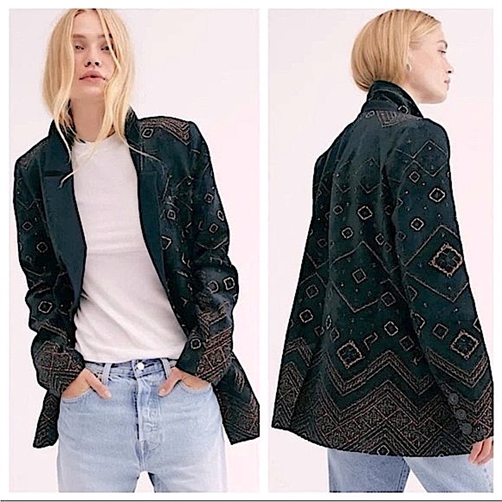 Free People Crushed Velvet Double Breasted Geometric Embroidered Blazer - NWT!
